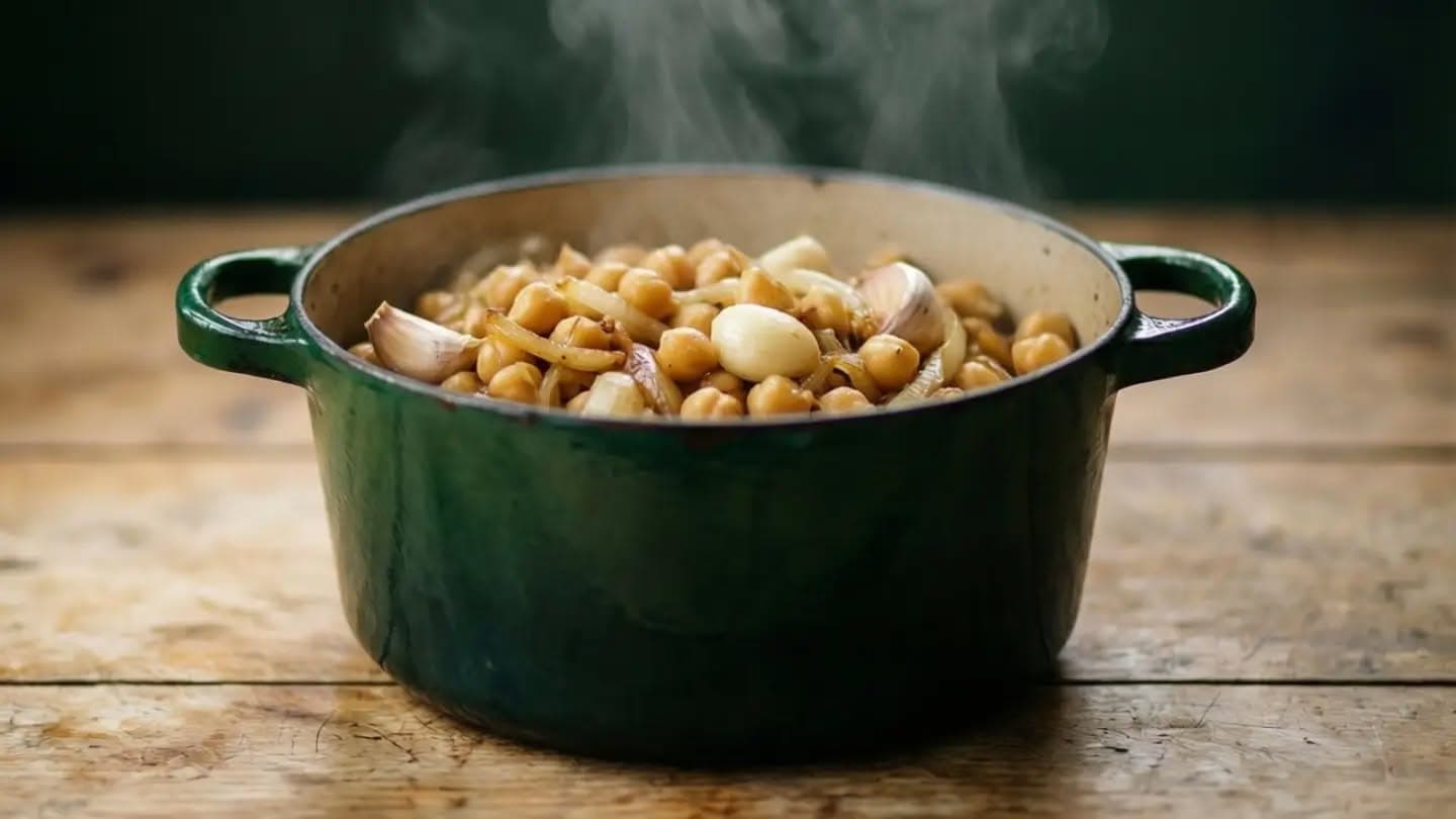 Publicación de OVERNU: Garbanzos, cebolla y ajo en la misma olla: fibra prebiótica, la que alimenta a las bacterias buenas del intestino. Cocin