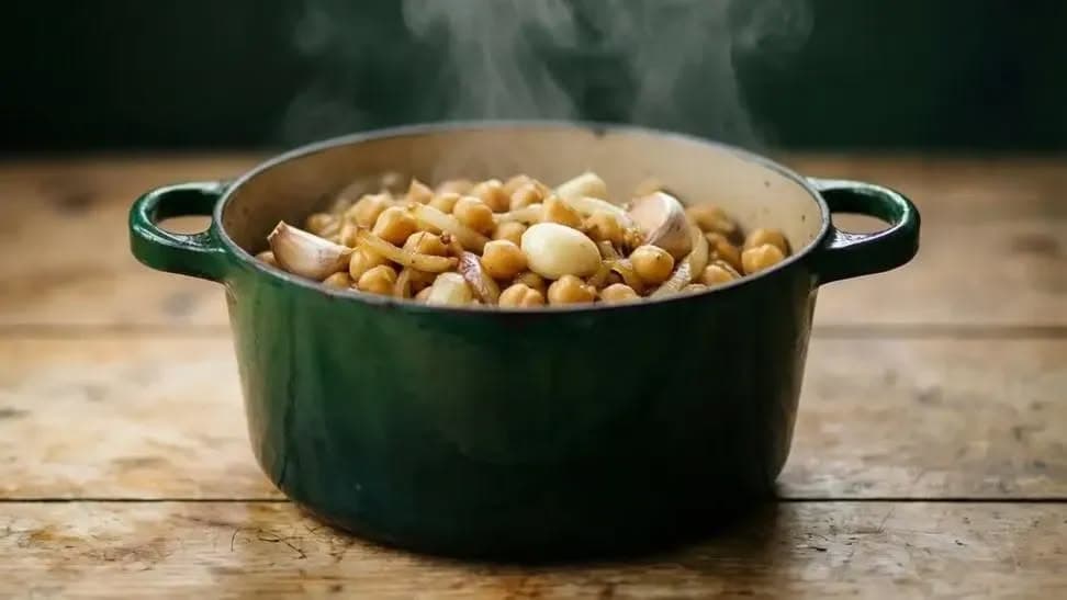 Publicación de OVERNU: Garbanzos, cebolla y ajo en la misma olla: fibra prebiótica, la que alimenta a las bacterias buenas del intestino. Cocin