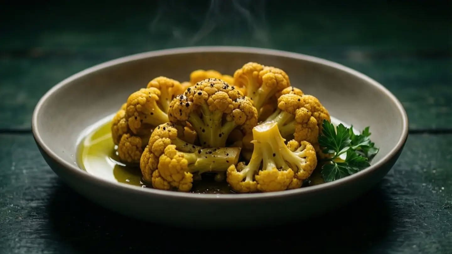 Publicación de OVERNU: Cúrcuma, pimienta negra y aceite de oliva en un solo plato. Lo hace «Coliflor a la cúrcuma» (35 minutos). 